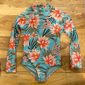 Girls Billabong one piece rash-guard swimsuit, size small, tropical flower print